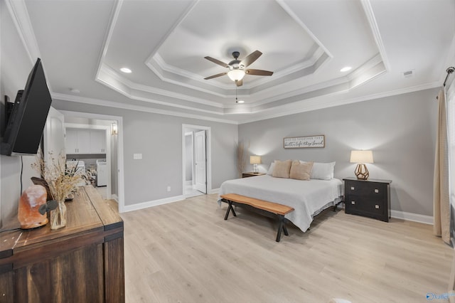 17067 Stonegate Dr, Athens, AL 35613 - bedroom featuring baseboards, light wood-style flooring, a tray ceiling, and crown molding