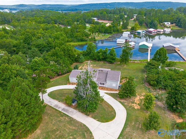 drone / aerial view featuring a view of trees and a water view