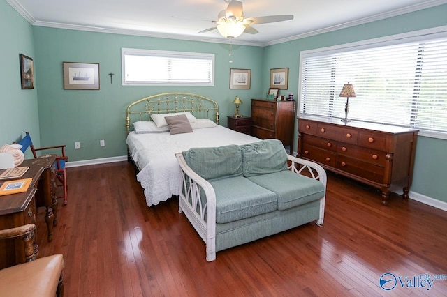 bedroom featuring crown molding, baseboards, wood-type flooring, and ceiling fan