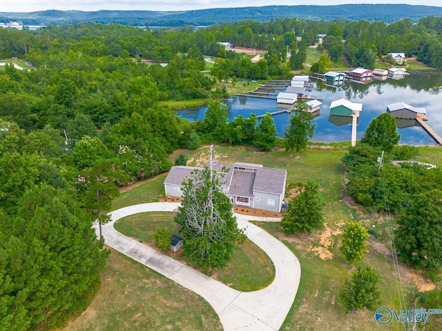 birds eye view of property featuring a water view