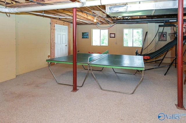 playroom with concrete block wall