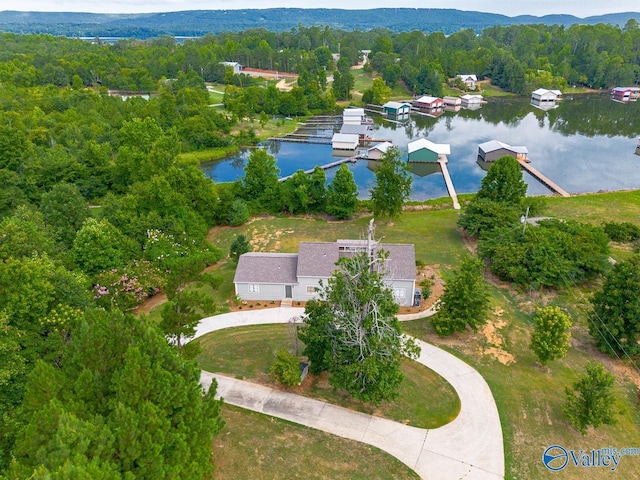 aerial view with a forest view and a water view