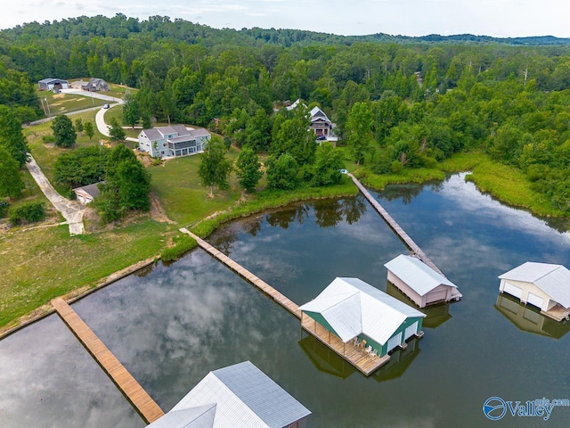 birds eye view of property with a wooded view and a water view