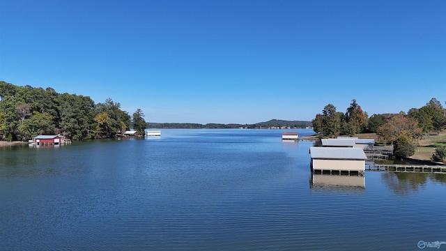 view of water feature with a dock