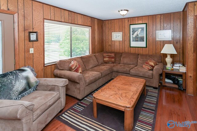 living room featuring dark wood-type flooring and wooden walls