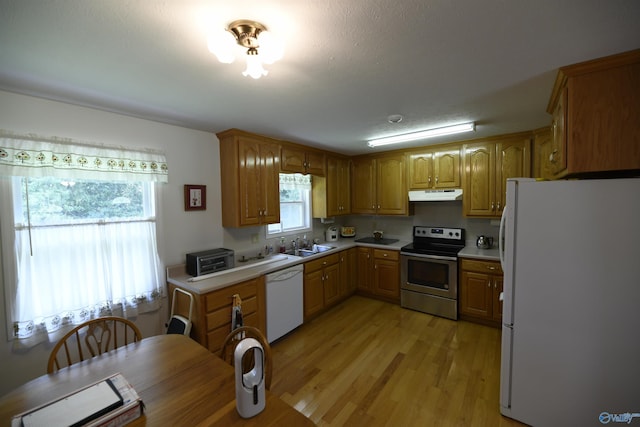 kitchen featuring sink, white appliances, and light hardwood / wood-style flooring