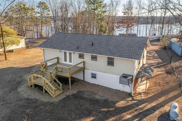 615 County Road 40, Centre, AL 35960 - back of property featuring a deck with water view, french doors, stairway, and roof with shingles