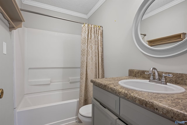 full bathroom featuring ornamental molding, vanity, toilet, a textured ceiling, and shower / bath combo with shower curtain