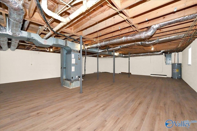 unfinished basement featuring heating unit, electric panel, wood finished floors, and electric water heater