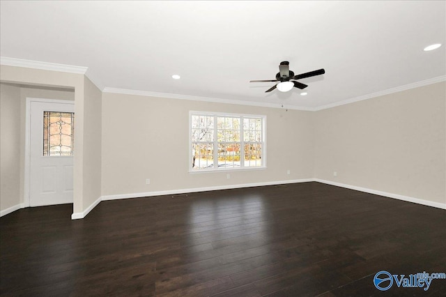 spare room featuring recessed lighting, baseboards, hardwood / wood-style floors, and ornamental molding