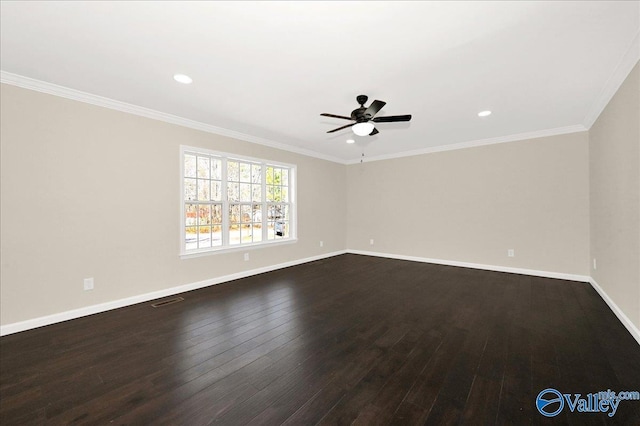 spare room featuring dark wood-style flooring, crown molding, recessed lighting, ceiling fan, and baseboards