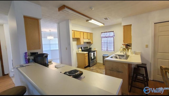 kitchen with sink, kitchen peninsula, stainless steel range with electric stovetop, a kitchen bar, and light wood-type flooring