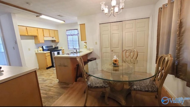 dining room featuring sink and a chandelier