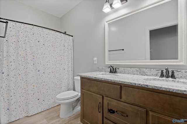 bathroom with vanity, curtained shower, toilet, and wood-type flooring