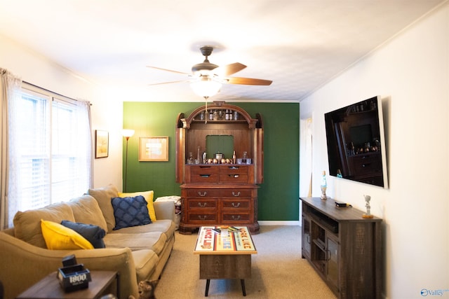 1709 Iris SW, Decatur, AL 35601 - living area featuring light carpet, ceiling fan, and crown molding