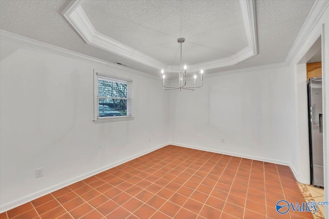 unfurnished room with crown molding, baseboards, a chandelier, a tray ceiling, and a textured ceiling