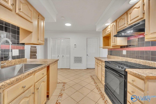 kitchen featuring black electric range, light brown cabinets, under cabinet range hood, and a sink