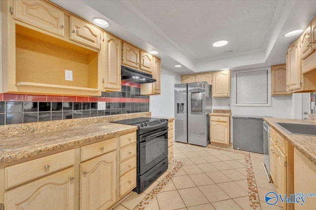 kitchen featuring a tray ceiling, light brown cabinetry, stainless steel refrigerator with ice dispenser, under cabinet range hood, and black electric range oven