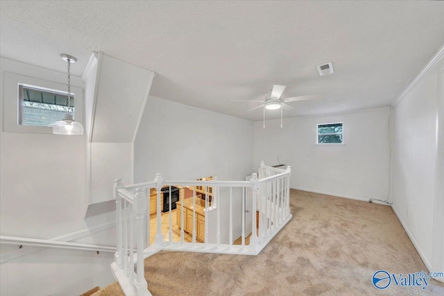 additional living space featuring light carpet, visible vents, a textured ceiling, and a ceiling fan