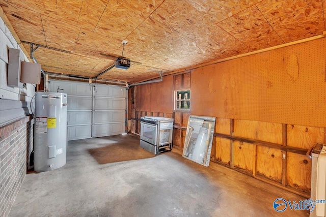 garage featuring radiator, a garage door opener, and water heater