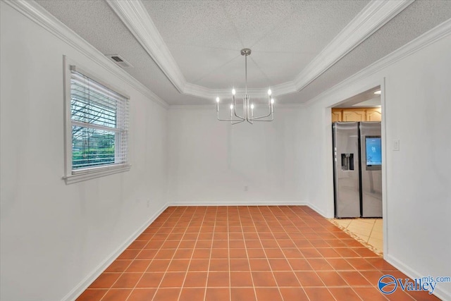 empty room featuring tile patterned flooring, visible vents, crown molding, and a raised ceiling