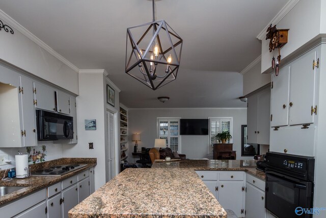 kitchen with crown molding, white cabinetry, and black appliances