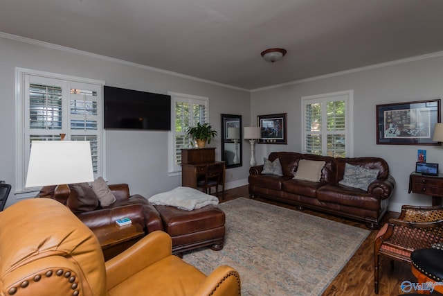 living room with ornamental molding and hardwood / wood-style floors