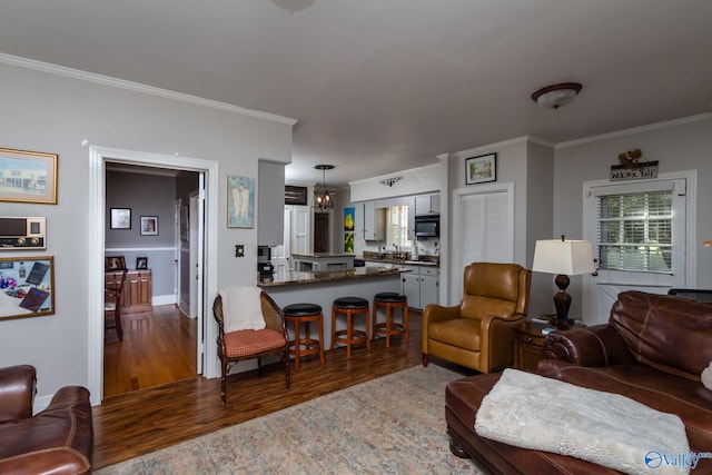 living room with dark hardwood / wood-style floors, a chandelier, and crown molding