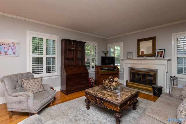 living room featuring light wood-type flooring, crown molding, and a wealth of natural light