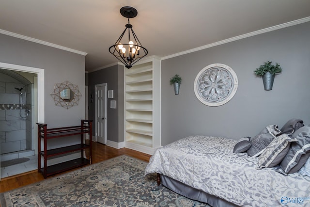 bedroom with an inviting chandelier, dark wood-type flooring, and crown molding