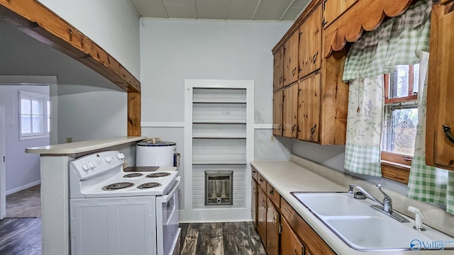 kitchen featuring sink, white electric range, and dark hardwood / wood-style floors