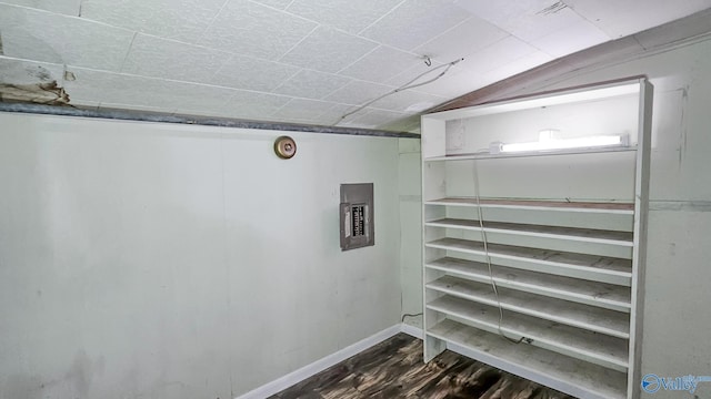 basement with electric panel and dark hardwood / wood-style floors