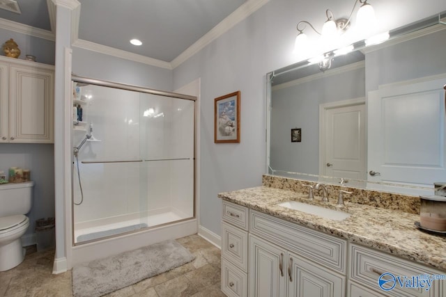 bathroom with a shower with shower door, tile patterned flooring, crown molding, toilet, and vanity