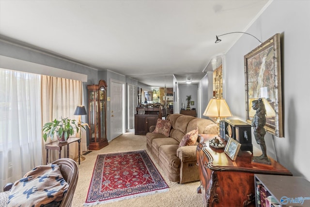 living area featuring carpet and ornamental molding