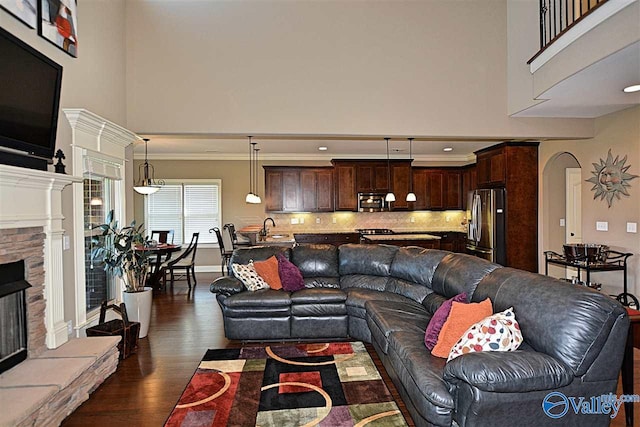 living room with sink, a high ceiling, a stone fireplace, dark hardwood / wood-style flooring, and ornamental molding