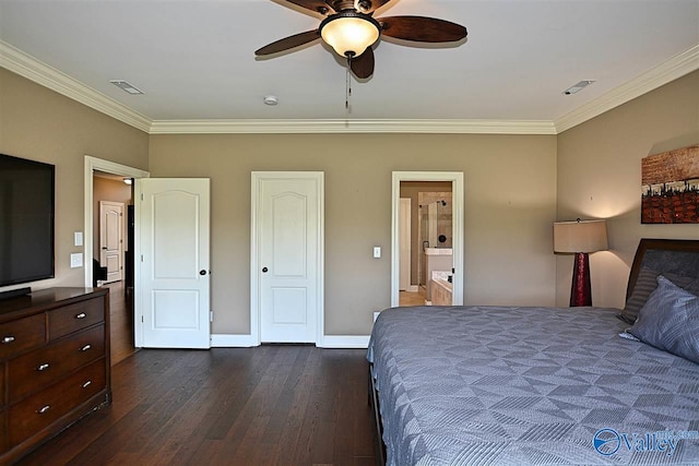 bedroom with dark wood-type flooring, ceiling fan, ornamental molding, and ensuite bathroom