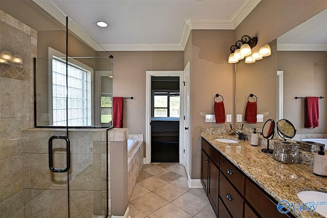 bathroom with tile patterned floors, plenty of natural light, and crown molding