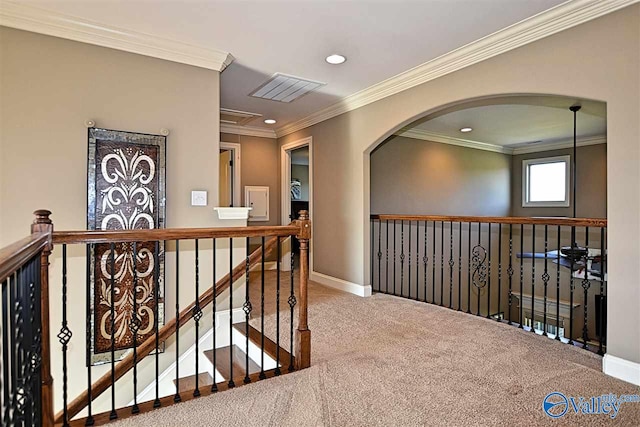 hall featuring carpet flooring and ornamental molding