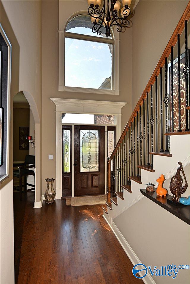 entryway with dark hardwood / wood-style flooring, a chandelier, and a high ceiling