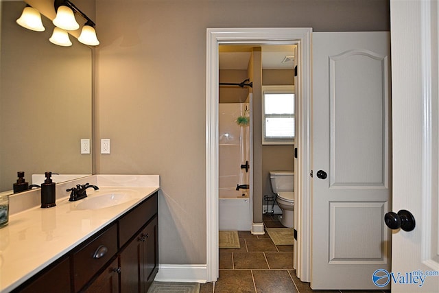 full bathroom featuring tile patterned flooring, vanity, toilet, and bathing tub / shower combination