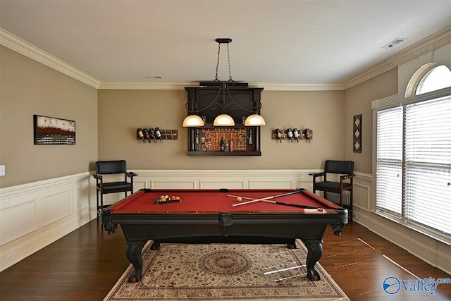 rec room featuring crown molding, dark wood-type flooring, and pool table