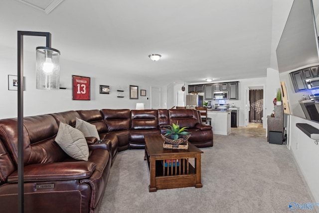 living room featuring light colored carpet