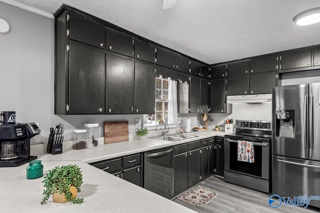 kitchen featuring appliances with stainless steel finishes, light hardwood / wood-style floors, crown molding, and sink