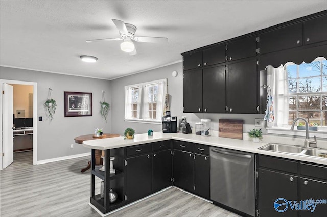 kitchen with stainless steel dishwasher, ceiling fan, crown molding, sink, and light hardwood / wood-style floors