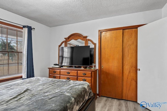 bedroom featuring light wood-type flooring, a textured ceiling, and a closet