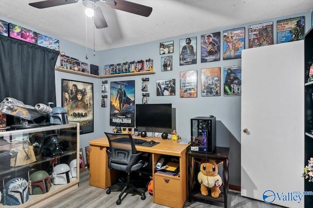 office space featuring a textured ceiling, hardwood / wood-style flooring, and ceiling fan