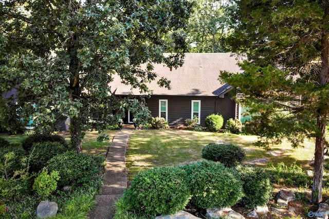 view of front of house featuring a front lawn and roof with shingles