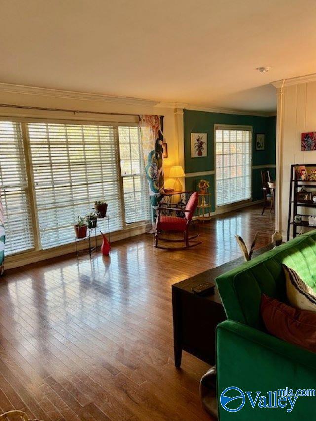 living room featuring wood-type flooring, plenty of natural light, and ornamental molding