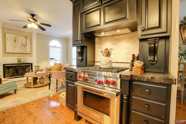 kitchen with a glass covered fireplace, designer stove, light wood-style floors, and ornamental molding