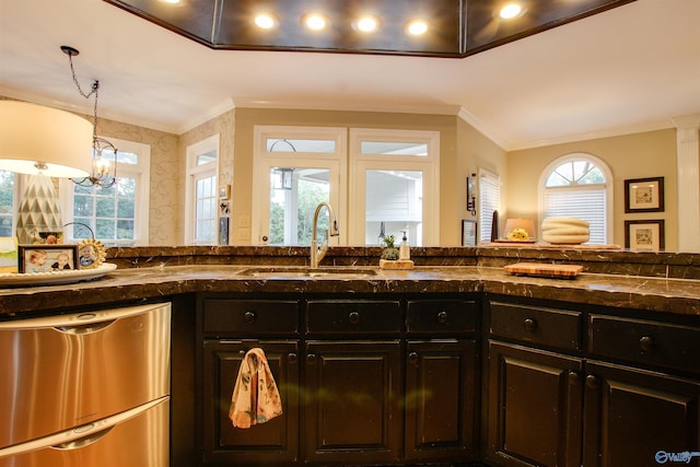 kitchen with a sink, plenty of natural light, stainless steel dishwasher, and crown molding